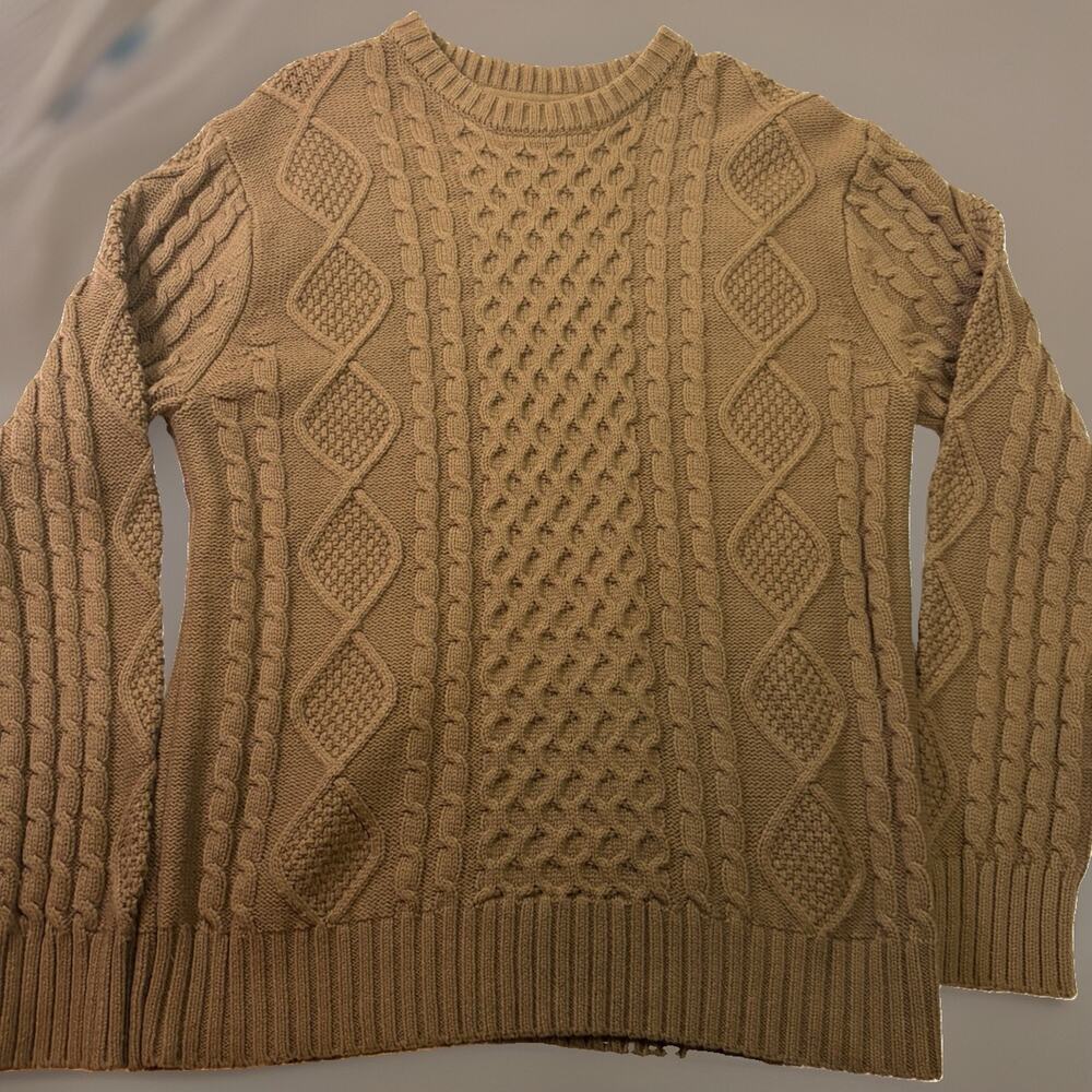 Houston White Fisherman Sweater Men’s M Cable Knit Crewneck Brown Cotton Blend